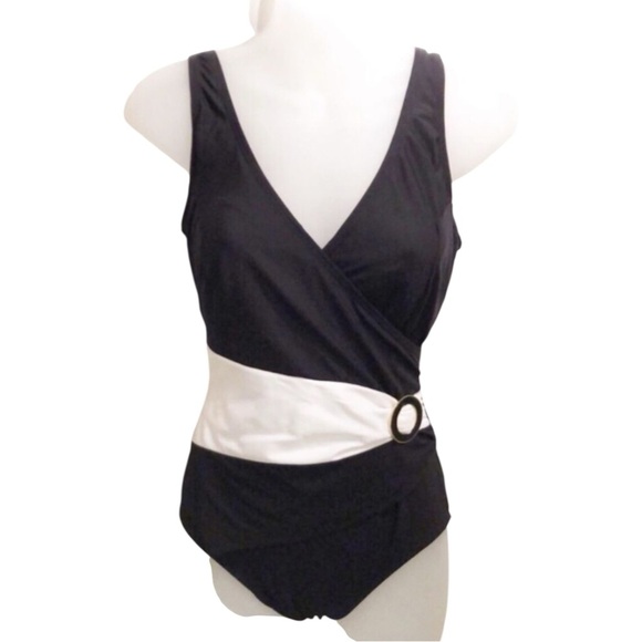 Longitude Black and White Swimsuit with Belt Detail 10 - Picture 1 of 6
